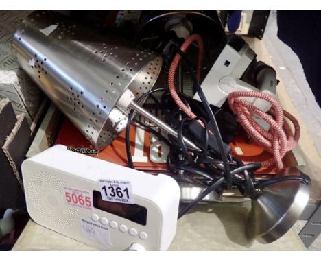Mixed electricals to include a pair of stainless steel lamps and a small quantity of LPs in a case. All electrical items in t