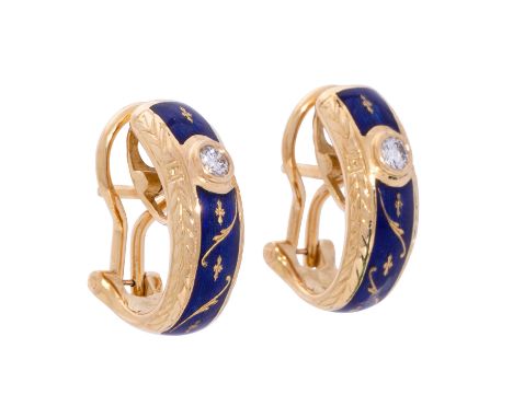 FABERGÉ BY VICTOR MAYER Paar Creolen mit 2 Brillanten zus. ca. 0,16 ct, gute Farbe u. Reinheit, GG 18K blau emailliert, 10,3 