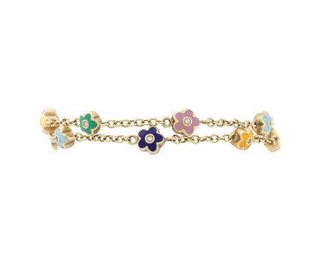 Armband "Blumen" mit kleinen Brillanten von zus. ca. 0,12 ct, kleiner Rubin a. d. Schließe, GG 18K, farbig emailliert, 17 gr,