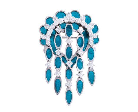Brosche mit grünblauem Fensteremail und Brillanten zus. ca. 0,80 ct, gute Farbe u. Reinheit, WG 18K, 8,1 gr, L: ca. 3,5 cm, 2