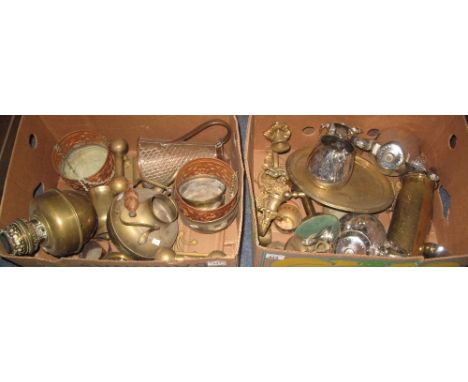 Two boxes of assorted metalware to include: silver plated teawares; silver plated ladle; brass shell case; brass chamber stic