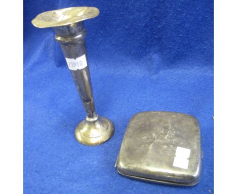 Silver cigarette case and small silver specimen vase with loaded base.(B.P. 24% incl. VAT)