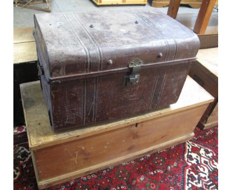 Vintage pine trunk with metal loop carrying handles, together with a vintage tin trunk. (2)(B.P. 24% incl. VAT)