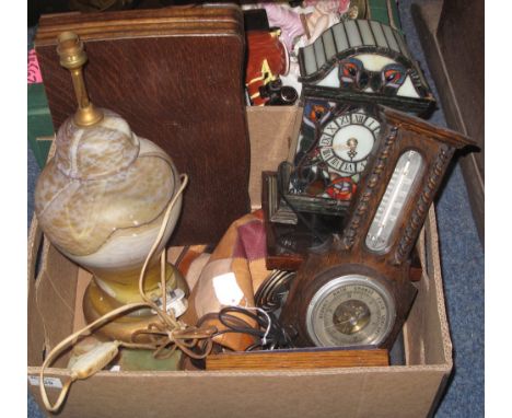 Box of assorted items to include: Tiffany style mantel clock; Art Glass baluster lamp; wall barometer; cutlery box etc.(B.P. 