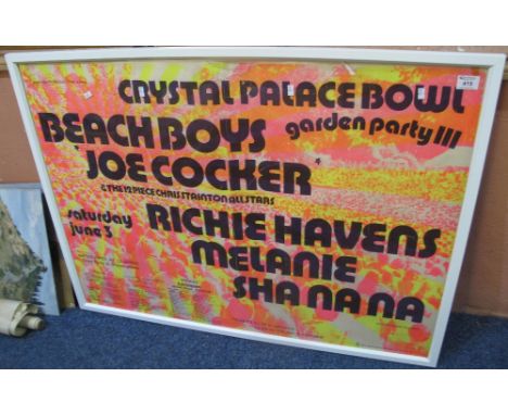 Large framed 1970's rock music poster, The Crystal Palace Bowl garden party 3 with Beach Boys, Joe Cocker, Richie Havens, Mel