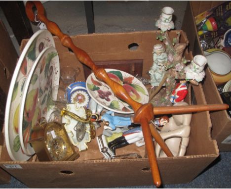 Box of assorted, mainly china, to include: large three tier pottery fruit design cake stand; Continental figurines; Limoges t