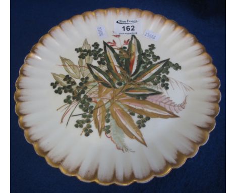 19th Century English porcelain comport, gilded and painted with foliage, within a moulded, indented shell design rim, on a tr