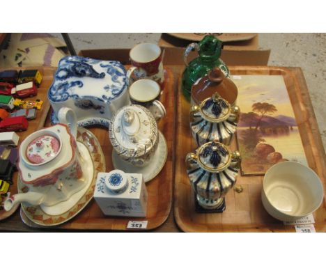 Two trays of assorted china etc. to include: Newhall teapot; early 19th Century Derby lozenge dish with hand painted floral d