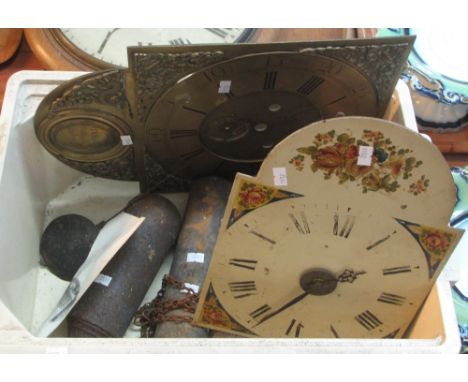 Collection of assorted clocks and clock parts to include: oak cased school type wall clock with fusee movement, 18th Century 