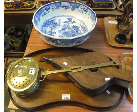 Large Masons Ironstone blue and white pedestal bowl, together with a brass chestnut roaster, vintage bellows and an Edwardian