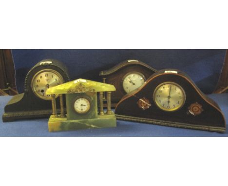 Four assorted small mantel clocks to include: Edwardian inlaid mahogany arched boudoir clock marked: Walker and Hall; 1920s a