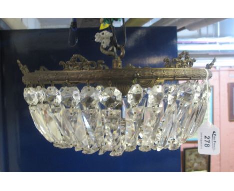 Mid Century gilt metal ceiling centre light fitting with glass prismatic cut lustres and spangles. (B.P. 24% incl. VAT)