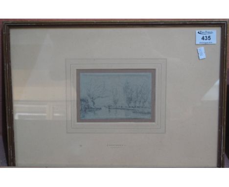 After Constable, river scene with bridge and poplars, pencil sketch, 9 x 13.5cm approx. Framed and glazed. Inventory no. 114.