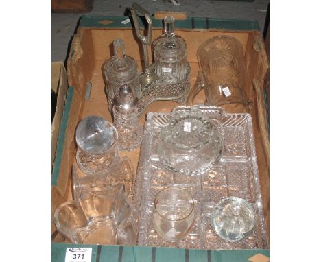 Box of assorted glassware to include two handled snack trays, trinket boxes, paper weight in the form of an apple etc. (B.P. 