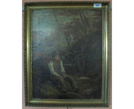 British School (19th Century), portrait of a little boy near a stile with his mother in the distance, oils on canvas, 47 x 36