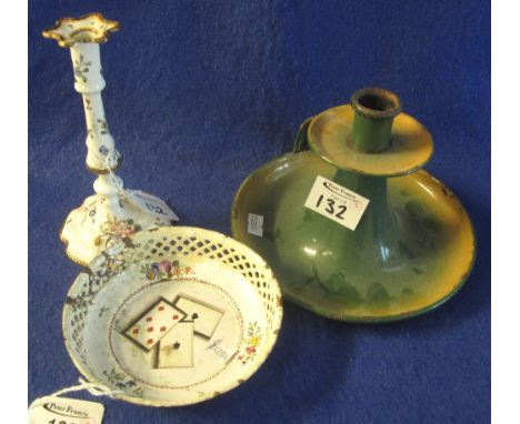 Enamelled metal conical chamber stick, white enamelled, 18th Century design florally painted candlestick and a white enamelle