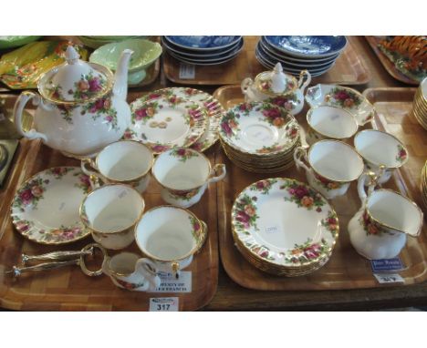 Two trays of Royal Albert 'Old Country Roses' teaware, various, to include: cups; saucers; milk jug; sucrier; teapot etc. (2)