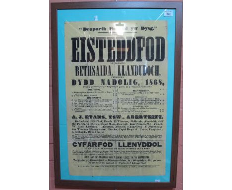 Appearing original Eisteddfod poster for Llandudoch (St Dogmaels) 1868, poster in the Welsh language. Framed and glazeds, 67 