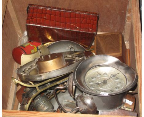 Box of assorted items to include: various mantel and alarm clocks; novelty tin box in the form of a suitcase, Maison Lions? L