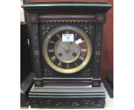 19th Century black slate, two train architectural mantel clock with gilded Roman face and gilded decoration.  40cm.(B.P. 24% 