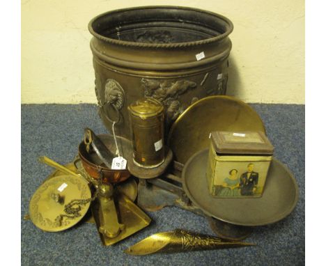 Repousse brass coal bucket together with other metalware items, including: crumb scoop; scales; snaffle bit etc.(B.P. 24% inc
