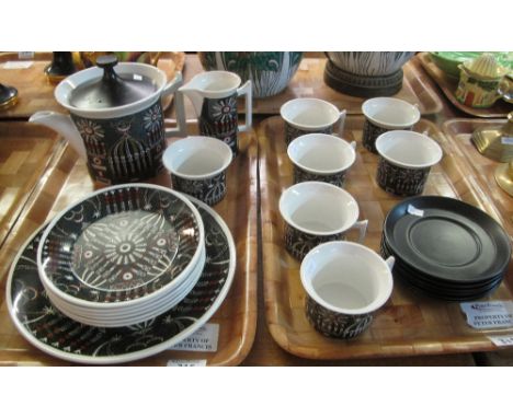 Two trays of Portmeirion 'Magic City' designed by Susan William Ellis, teaware items to include: cups and saucers; milk jug; 