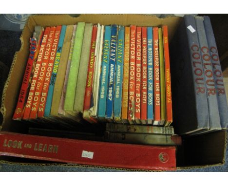 Box containing assorted vintage annuals to include: 'The Victor Book for Boys'; 'The Dandy Book'; 'Valiant Annual'; 'Look and