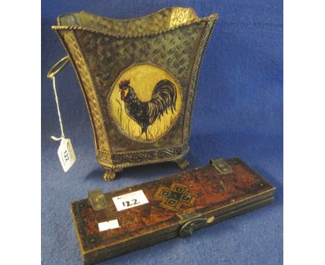Small two handled planter with cockerel decoration and a vintage wooden tie press with geometric decoration. (2)(B.P. 24% inc