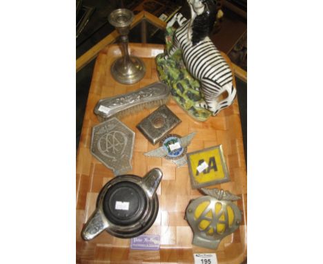 Tray of assorted items to include: silver cigarette case, single silver candlestick, silver backed brush, three vintage AA ba