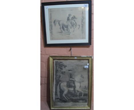 L.De.Bier, study of an Arab with stallions, possibly pencil sketch, together with an 18th Century engraving of a mounted gent
