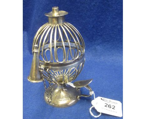 Silver wirework globe shaped cigar lighter with snuffer on pedestal base with thumb piece loop handle. London hallmarks with 