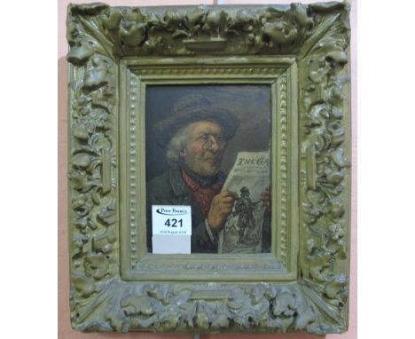 British School (19th Century), portrait of a man reading newspaper, oils on panel. Framed, 16 x12cm approx. (B.P. 24% incl. V