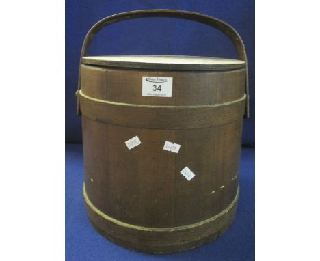 Coopered wooden barrel shaped workbox with lift out shelf and fitted top with swing handle. 30cm high.(B.P. 24% incl. VAT)   