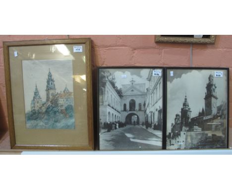 Indistinctly signed and dated 1958, Krakow cathedral, watercolour sketch, together with two similar framed photographs. Frame