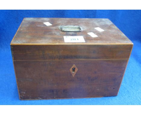 Early 19th Century mahogany satinwood strung tea caddy with fitted interior. (B.P. 24% incl. VAT)