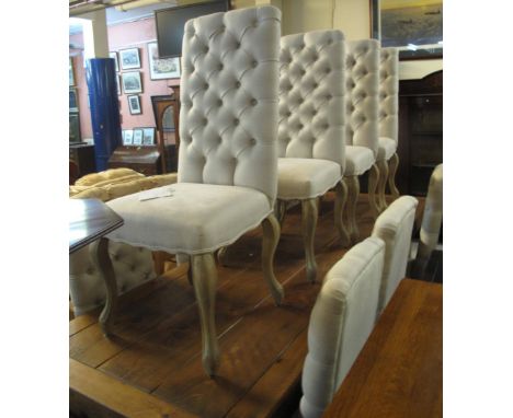 Set of ten modern Belgian linen upholstered button backed dining chairs on cabriole legs (from 'La residence', Surrey). (10)(