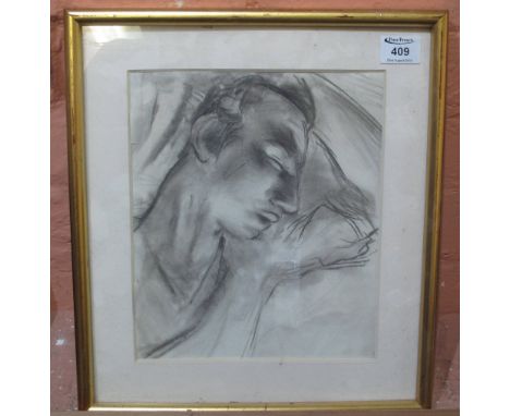 British School, portrait of a sleeping figure, pencil sketch. 29 x 25cm approx. Framed. (B.P. 24% incl. VAT)
