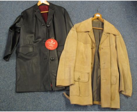 Two gentlemen's vintage jackets, a light brown suede belted jacket, probably 1970s, with 'Made in Sweden' label and a long bl