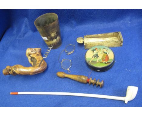 A bag of assorted curios to include: clay church wardens pipe, pair of pince nez spectacles, carved bone box with sliding cov