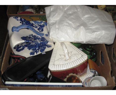 Box of assorted items to include: vintage Christening dress; modern hip flasks; Victorian cheese dish and cover etc. (B.P. 24