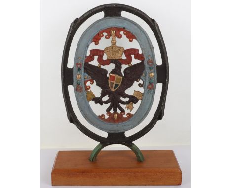 Interesting Painted Cast Iron Gate Emblem of Prussian Eagle, with painted decoration. Mounted onto a wooden stand. Stands 42 