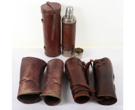 British Officers Travel Thermos Flask, with brown leather covering to the body. Housed in the original Sam Browne style brown