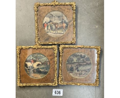3 Gilt framed round pictures of bygone fox hunting scenes