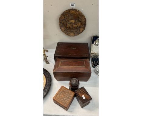 A Georgian sarcophagus tea caddy &amp; inlaid boxes etc