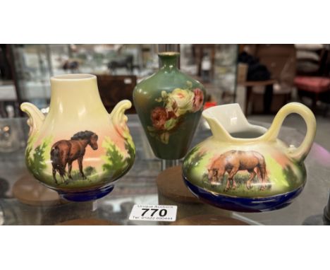 3 Ceramic pots, 2 depicting horses