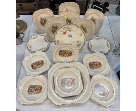 A vintage fruit bowl set depicting hunting scene &amp; 6 sandwich plates