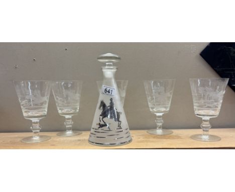 5 Vintage glasses with deep etched fox hunting decoration &amp; a decanter