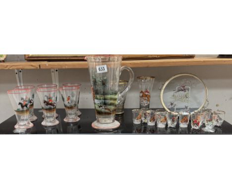 A large vintage water jug &amp; sets of glasses depicting hunting scenes