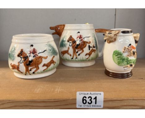 3 Vintage ceramic hunting scene jugs &amp; a pot