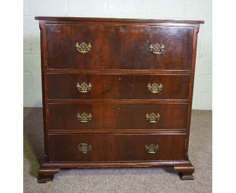 A George II style chest of drawers, early 20th century, with drop front top drawer and three further long drawers, on bracket
